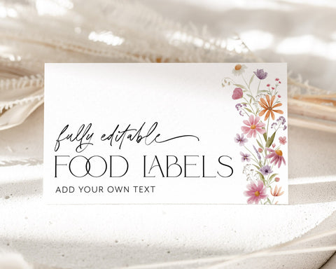 Wildflower Bridal Shower Food Labels, Food Label Card, Food Tent Cards, Food Tags, Food Labels, Folded Food Cards, Tented, Floral Food Label