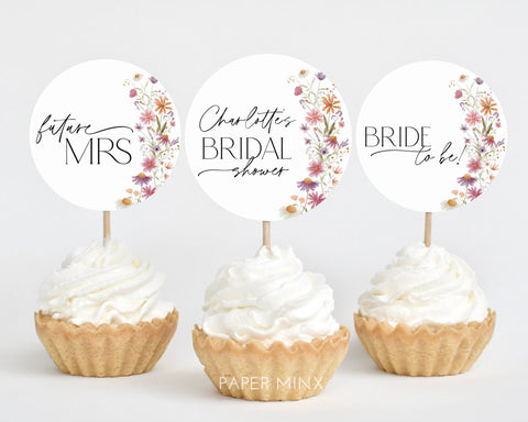 Wildflower Cupcake Toppers, Bridal Shower Cupcake Toppers, Printable Cupcake Topper, Editable Cupcake Toppers, Pink Floral Bridal Cupcake