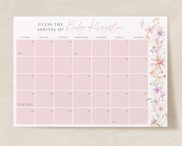 Wildflower Baby Shower Due Date Calendar, Birth Date Sign, Baby Arrival Sign Printable, Baby in Bloom Baby Shower, Floral Baby Due Date Sign