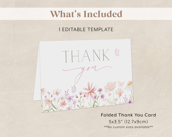 Wildflower Thank You Card Template, Printable Thank You Card, Floral Baby Shower Thank You Card, Flower Thank You Card Purple and Pink