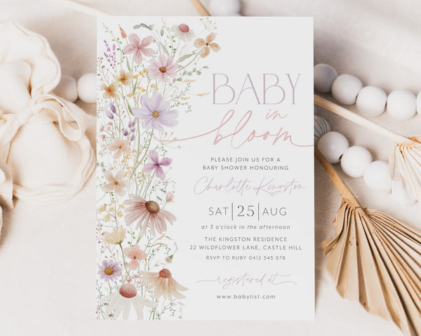 Baby in Bloom Invitation, Wildflowers Baby Shower Invitation, Purple Pink Flower Invitation, Wild Flower Invite, Floral Baby Brunch Invite