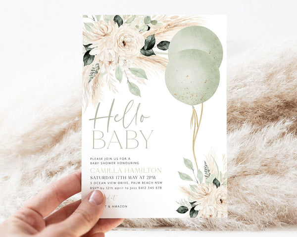 Sage Green Baby Shower Invitation, Gender Neutral Baby Shower, Greenery Floral Invitation Printable Template, Sage Balloons Baby Shower