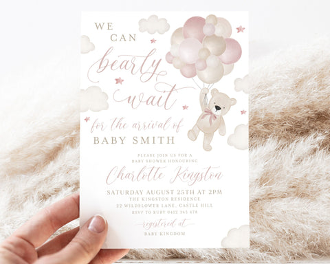 Bear Balloons Baby Shower Invitation Template, We Can Bearly Wait Invite Pink, Girl Baby Shower Editable Teddy Bear Invitation Printable