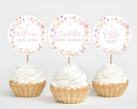Wildflower Cupcake Toppers, Floral Baby Shower Cupcake Toppers, Printable Cupcake Toppers, Editable Cupcake Toppers, Pink Flower Cupcake