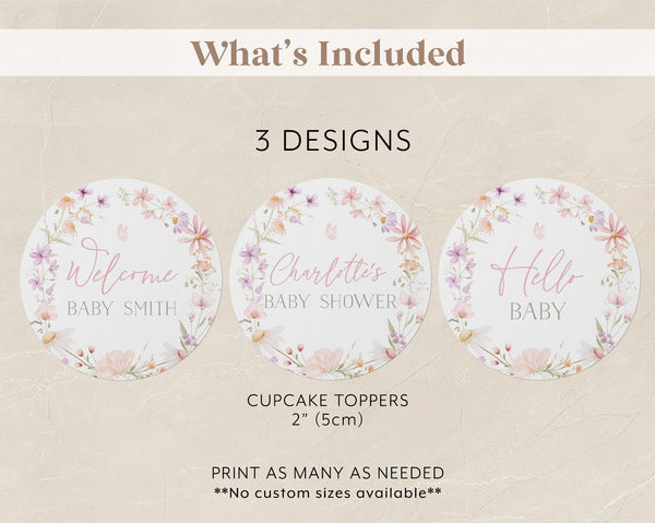 Wildflower Cupcake Toppers, Floral Baby Shower Cupcake Toppers, Printable Cupcake Toppers, Editable Cupcake Toppers, Pink Flower Cupcake