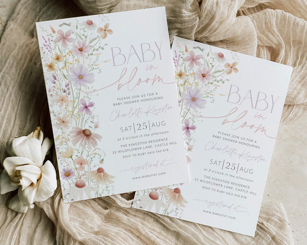 Baby in Bloom Invitation, Wildflowers Baby Shower Invitation, Purple Pink Flower Invitation, Wild Flower Invite, Floral Baby Brunch Invite