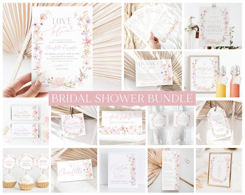 Love in Bloom Bridal Shower Invitation Bundle, Wildflower Bridal Shower, Pink Floral Games, Printable Wildflower Bridal Shower Bundle Floral