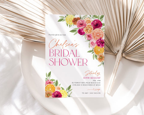 Citrus Bridal Shower Invitation, Bright Floral Bridal Shower, Hot Pink and Orange Citrus Floral Bridal Invite Template, Mediterranean Lemons