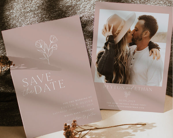 Minimalist Save the Date Template, Photo Save the Date, Botanical Pink Save The Date, Editable Floral Save The Date Card, Peyton