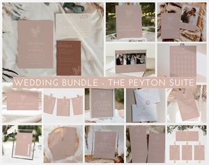 Wedding Invitation Set Bundle, Minimalist Wedding Invitation Template, Wedding Suite Printable Invitation, Pink Minimalist Flower , Peyton