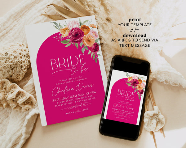Bright Bridal Shower Invitation, Bright Pink Orange Floral Bridal Shower, Hot Pink and Orange Floral Bridal Invite Template, Bride To Be
