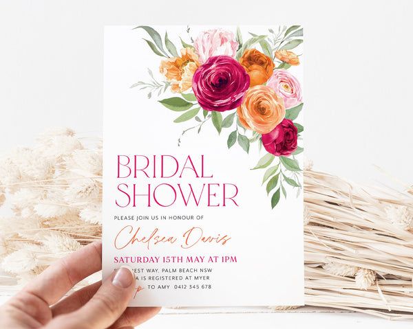 Bright Bridal Shower Invitation, Bright Pink Orange Floral Bridal Shower, Hot Pink and Orange Floral Bridal Invite Template, Modern Bridal