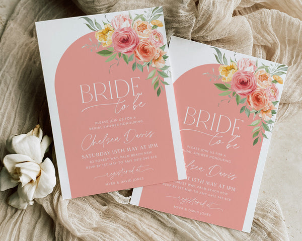 Bright Bridal Shower Invitation, Peach Pink Orange Floral Bridal Shower, Pink and Orange Floral Bridal Invite Template, Bride To Be Invite