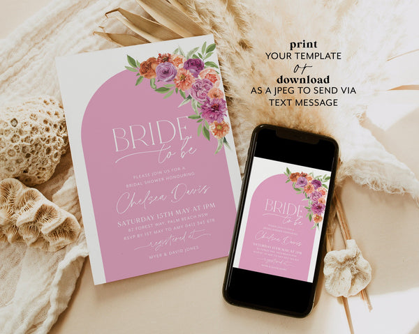 Floral Bridal Shower Invitation, Peach and Lilac Floral Bridal Shower, Bright Floral Bridal Invite Template, Bride To Be Invite, Purple