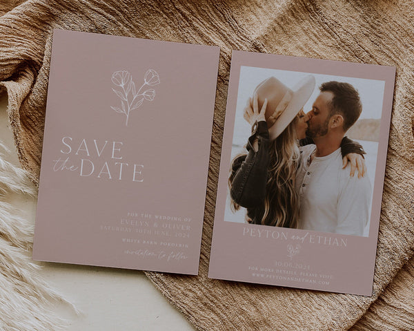 Minimalist Save the Date Template, Photo Save the Date, Botanical Pink Save The Date, Editable Floral Save The Date Card, Peyton