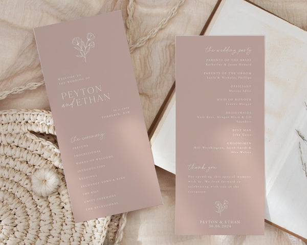 Wedding Program Template, Pink Botanical Wedding Program, Minimalist Program, Editable Programs, Printable Wedding Ceremony Program, Peyton