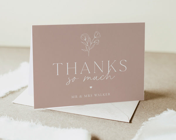 Thank You Card Template, Printable Thank You Card, Pink Botanical Thank You Cards, Modern Wedding Thank You, Minimalist Wedding, Peyton