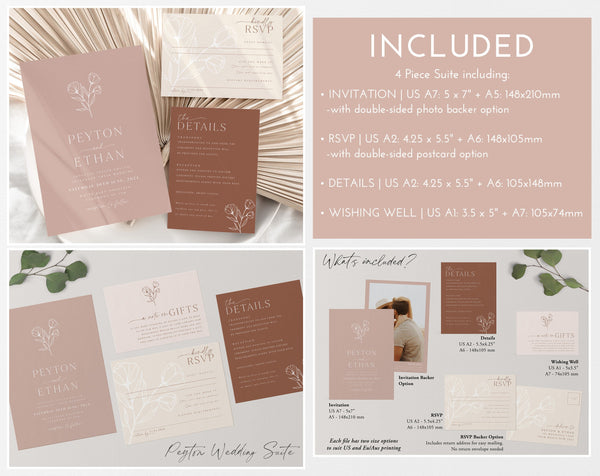 Wedding Invitation Set Bundle, Minimalist Wedding Invitation Template, Wedding Suite Printable Invitation, Pink Minimalist Flower , Peyton