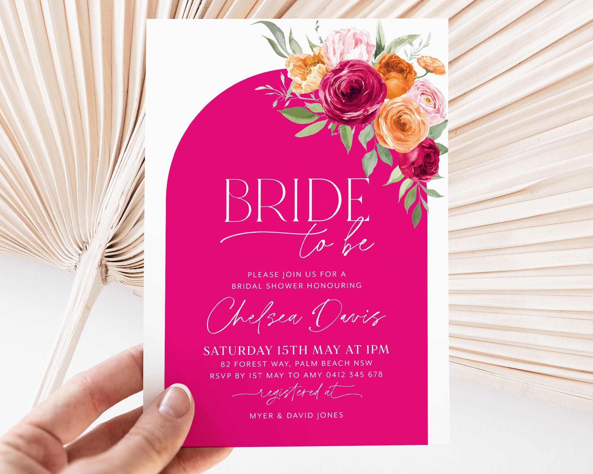Bright Bridal Shower Invitation, Bright Pink Orange Floral Bridal Shower, Hot Pink and Orange Floral Bridal Invite Template, Bride To Be