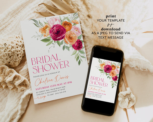 Bright Bridal Shower Invitation, Bright Pink Orange Floral Bridal Shower, Hot Pink and Orange Floral Bridal Invite Template, Modern Bridal