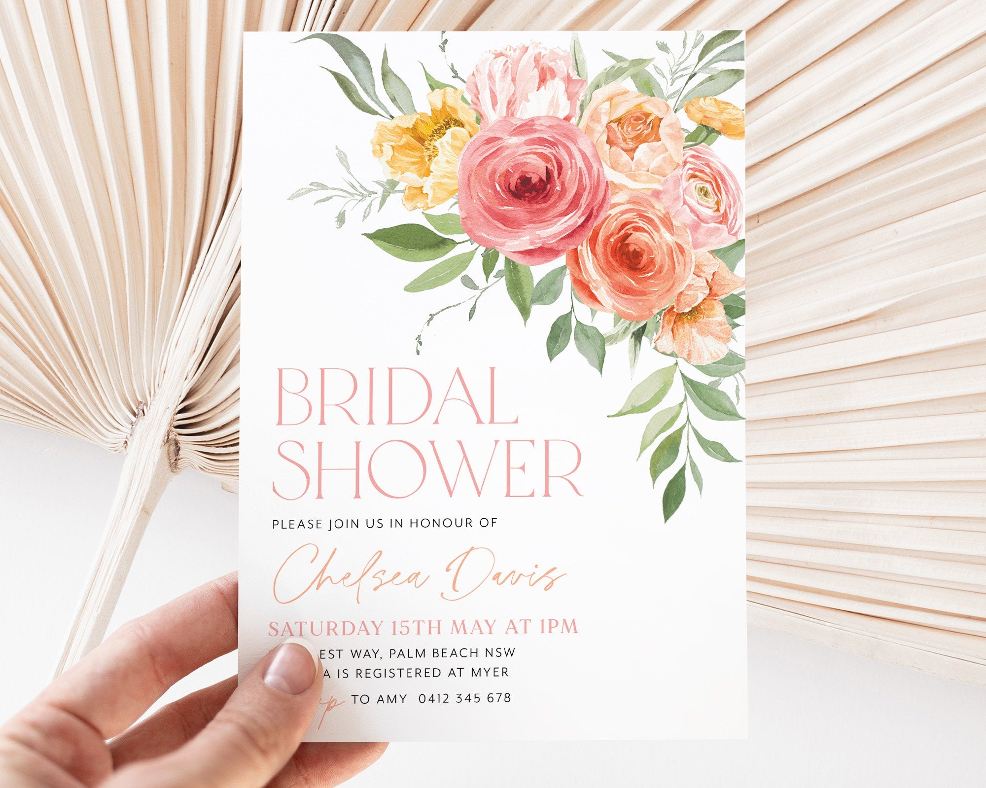 Bright Bridal Shower Invitation, Peach Pink Orange Floral Bridal Shower, Pink and Orange Floral Bridal Invite Template, Modern Bridal Shower