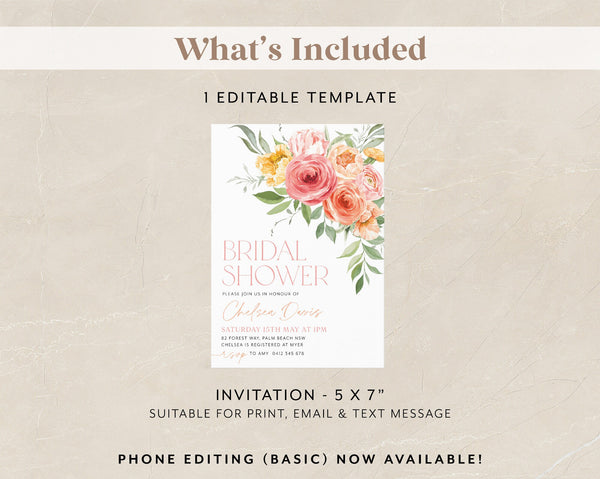 Bright Bridal Shower Invitation, Peach Pink Orange Floral Bridal Shower, Pink and Orange Floral Bridal Invite Template, Modern Bridal Shower