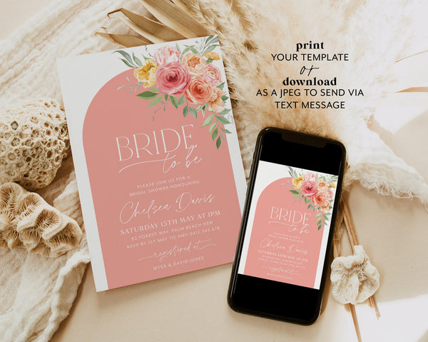 Bright Bridal Shower Invitation, Peach Pink Orange Floral Bridal Shower, Pink and Orange Floral Bridal Invite Template, Bride To Be Invite