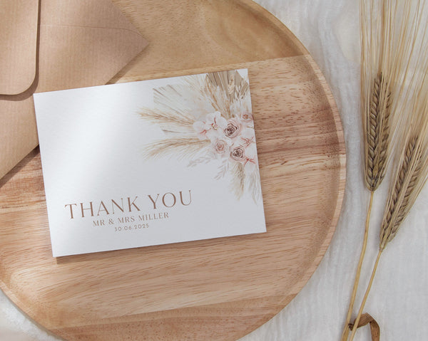 Boho Thank You Card Template, Printable Thank You Card, Instant Download, Boho Floral Wedding Thank You, Rustic Wedding, Folded, Flat, Olive