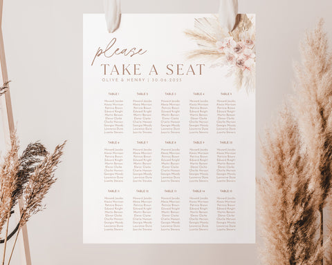 Boho Seating Chart, Wedding Seating Chart, Boho Floral Pink Seating Template, Printable Seating Chart, Editable Boho Seating Chart, Olive