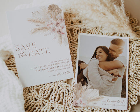 Boho Floral Save The Date Template, Pink boho Save the Date,  Muted Pink Save the Date Template, Photo Save the Date, Olive