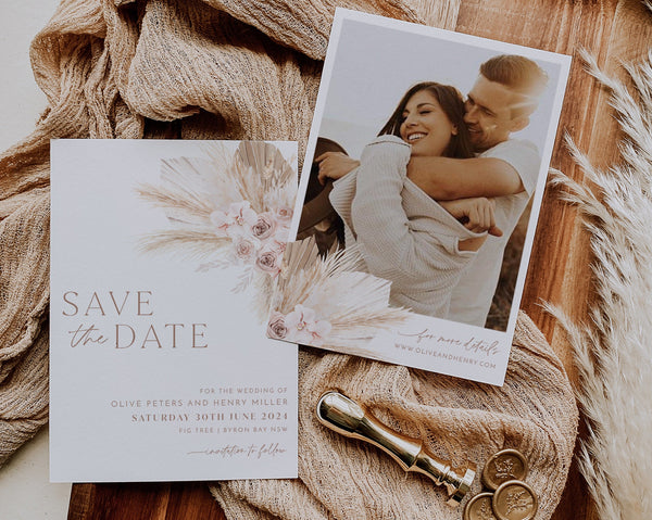 Boho Floral Save The Date Template, Pink boho Save the Date,  Muted Pink Save the Date Template, Photo Save the Date, Olive