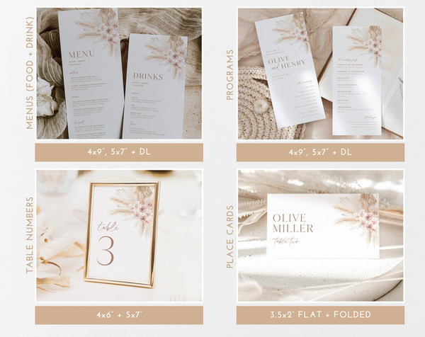 Boho Floral Wedding Invitation Bundle, Editable Wedding Invitation Template, Boho Pink Floral, Printable Wedding Invitation, Olive