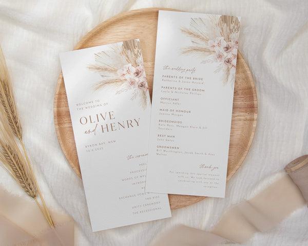 Boho Wedding Program Template, Pink Boho Floral Wedding Program, Editable Programs, Printable Boho Wedding Ceremony Program, Olive