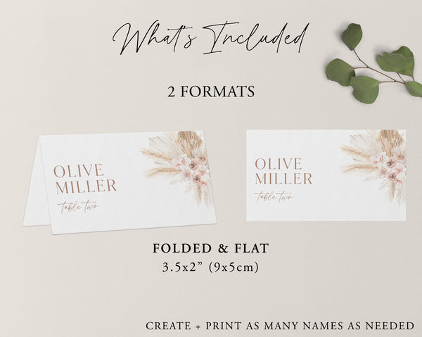 Boho Place Cards, Boho Pink Floral Wedding Place Cards, Wedding Place Cards, Editable Wedding Cards, Printable Template Place Cards, Olive