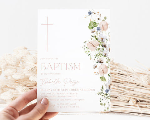 Floral Baptism Invitation, Pink Floral Christening Invitation Template, Wildflower Christening Invitation, Girls Printable Baptismal Invite