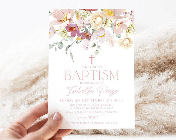 Floral Baptism Invitation, Pink Floral Christening Invitation Template, Girls Christening Invitation, Flower Printable Baptismal Invite