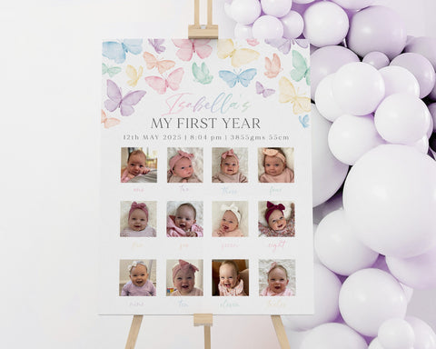 First Birthday Photo Board Printable, 1st Birthday Monthly Photo Sign, Girls First Year, 1st Birthday Decor, Pastel Rainbow Butterfly